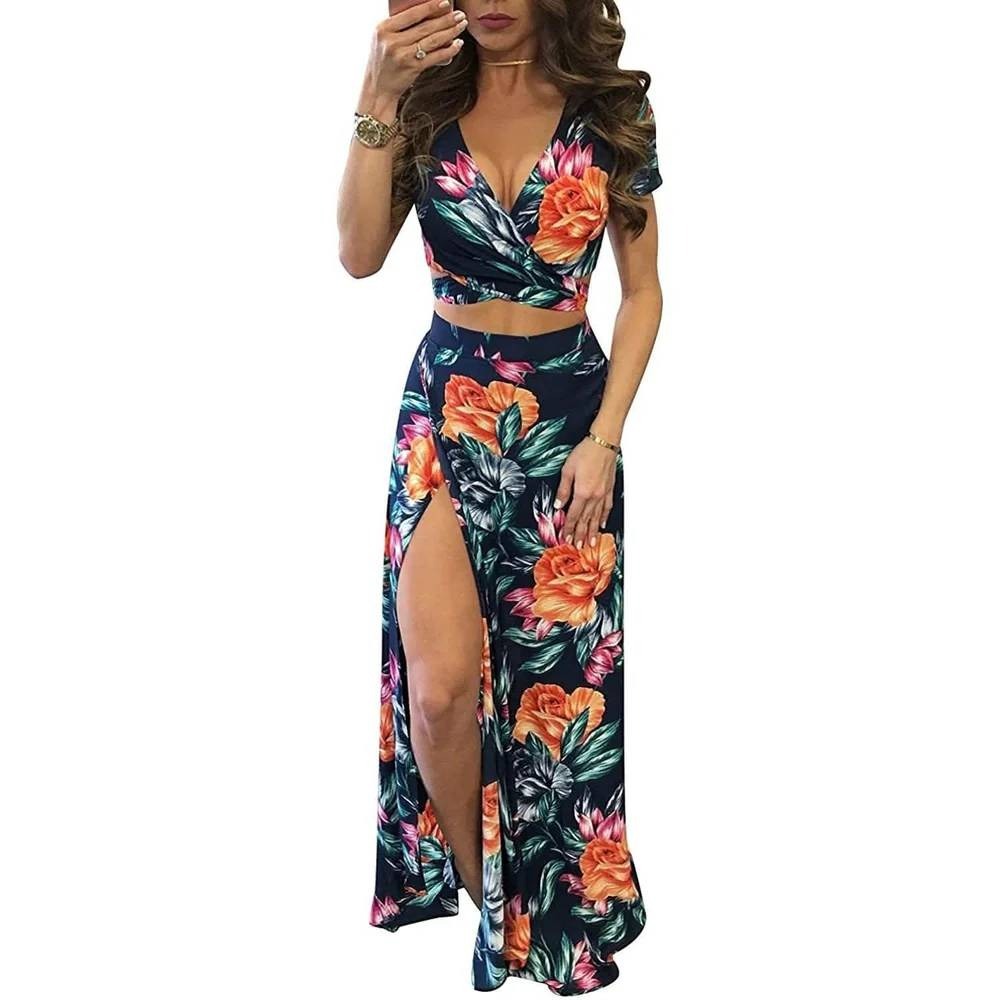 MSRP $48 Aro Lora Women's XL Sexy V Neck Floral Printed Side Slit Two-Piece Max‎